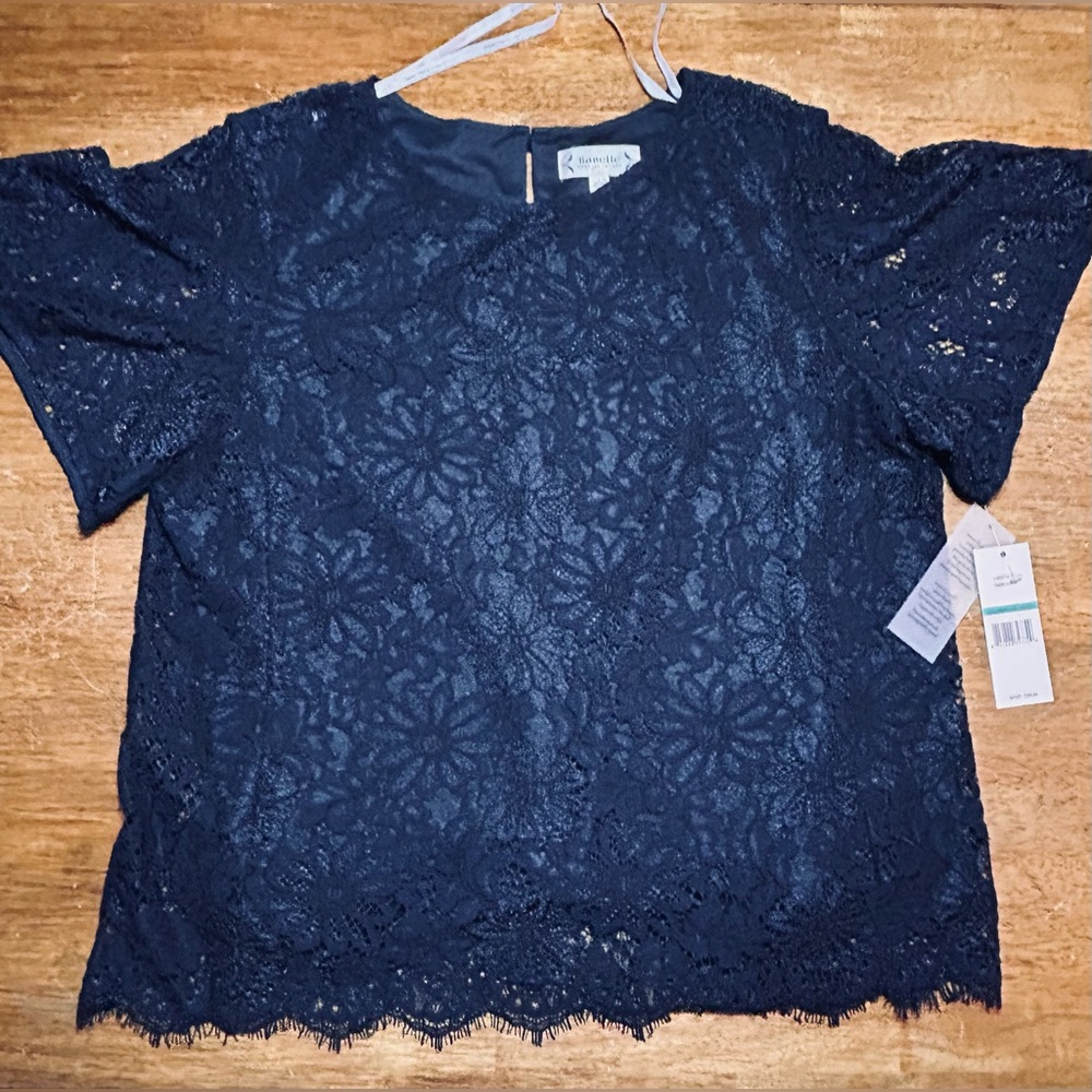 Nanette Lepore Black Floral Lace Short Sleeve Blouse